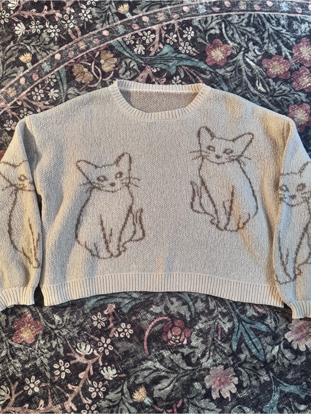 SHEIN Cream Crewneck Sweater with Brown Cat Motif